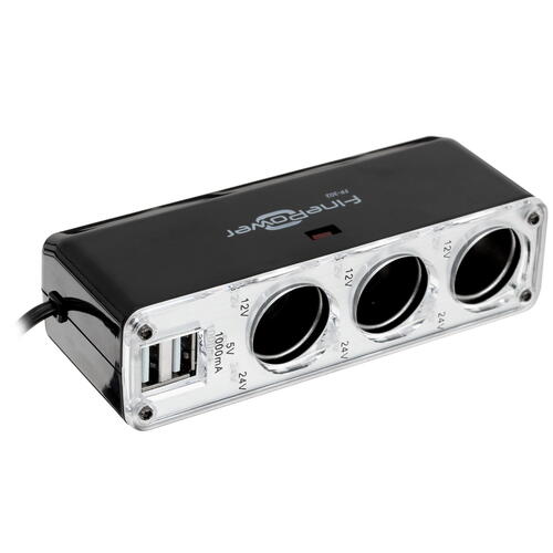 Разветвитель прикуривателя FinePower FP-302 (3 прикуривателя и 2 USB с кабелем)